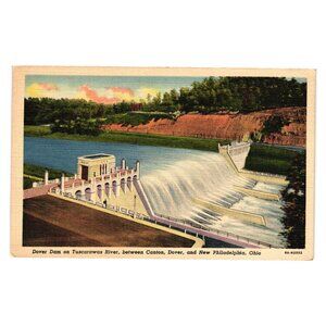 Dover Dam Postcard 1949 Vintage Tuscarawas River Canton New Philadelphia Ohio